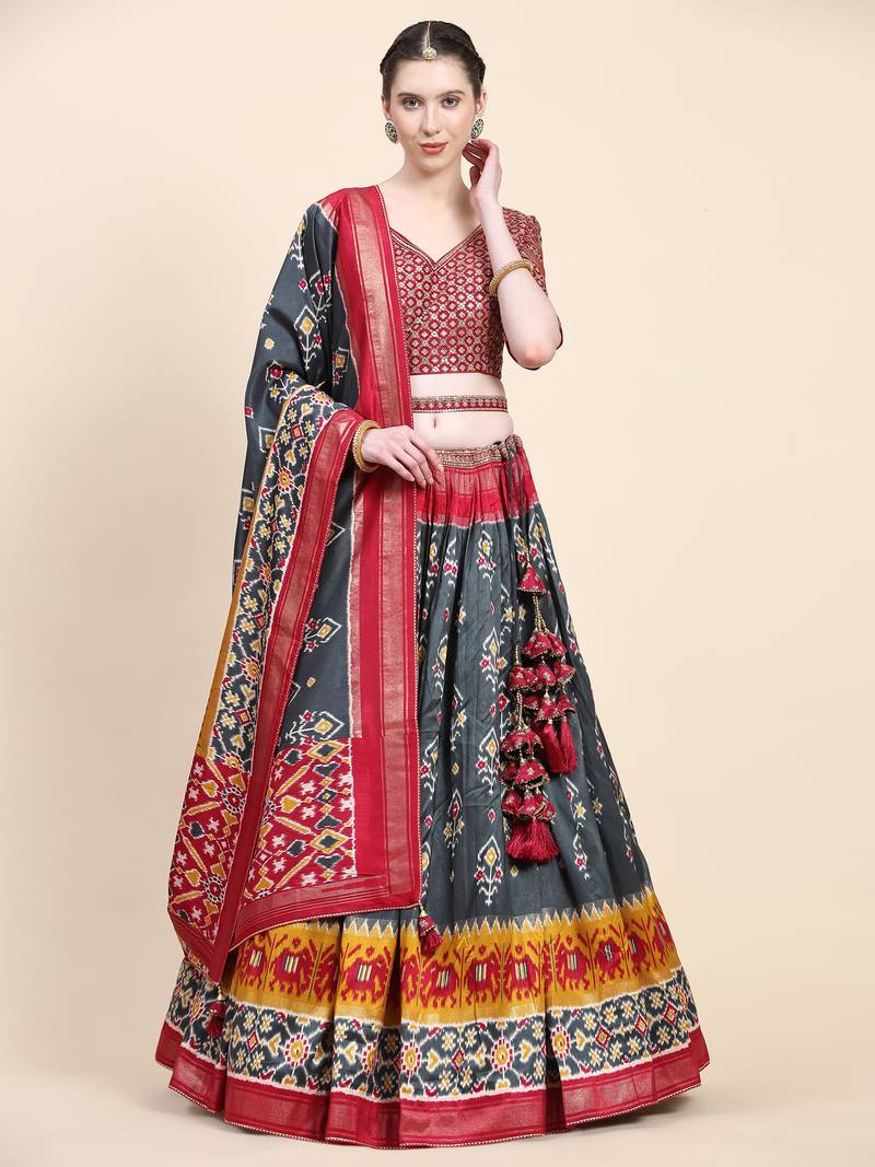 Red Printed Silk Traditional Lehnga Choli with Blouse Free Size