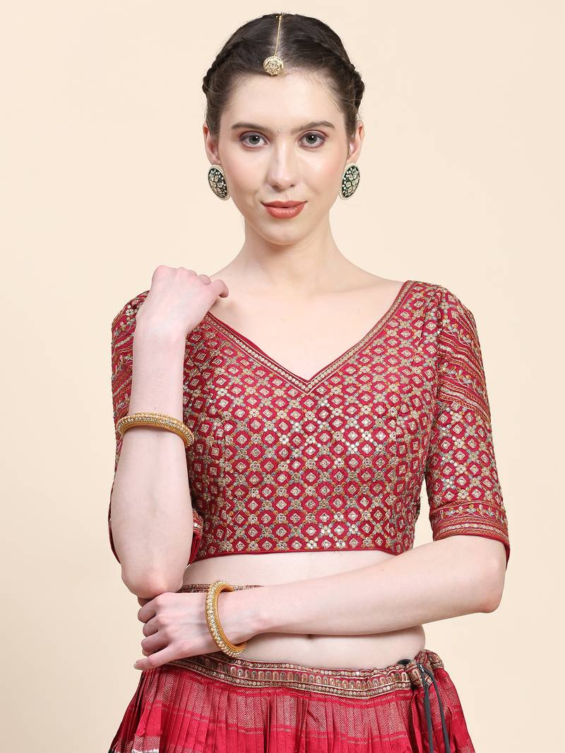 Red Printed Silk Traditional Lehnga Choli with Blouse Free Size