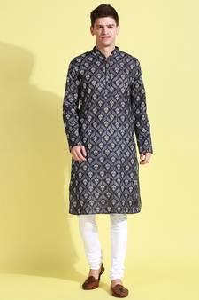 Black printed cotton kurta-pajama