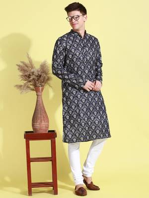 Black printed cotton kurta-pajama 3