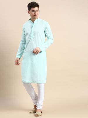 Green embroidered cotton kurta-pajama 2