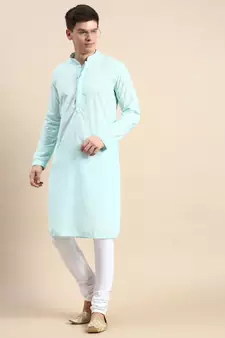 Green embroidered cotton kurta-pajama