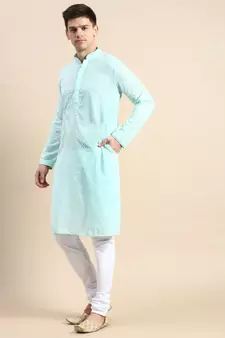 Green embroidered cotton kurta-pajama