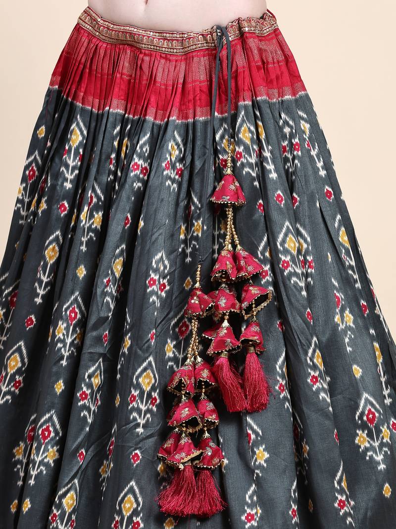 Red Printed Silk Traditional Lehnga Choli with Blouse Free Size