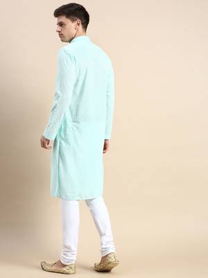 Green embroidered cotton kurta-pajama 4