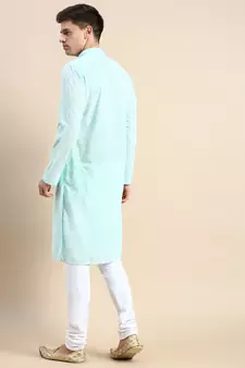 Green embroidered cotton kurta-pajama