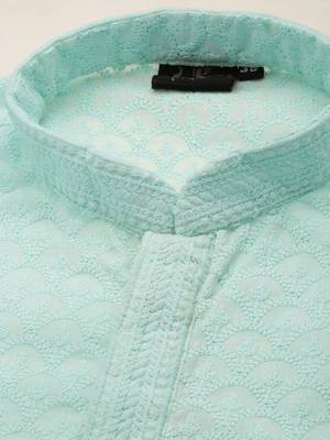 Green embroidered cotton kurta-pajama 5