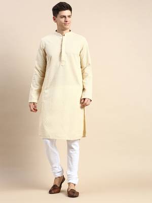 Beige embroidered cotton kurta-pajama 1