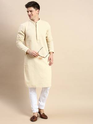 Beige embroidered cotton kurta-pajama 2