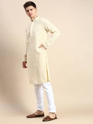 Beige embroidered cotton kurta-pajama 3