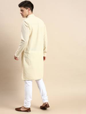 Beige embroidered cotton kurta-pajama 4