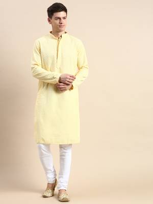 Yellow embroidered cotton kurta-pajama 1