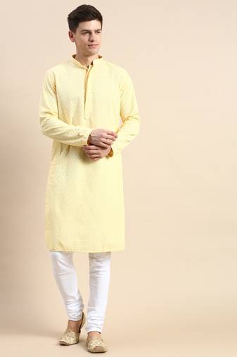 Yellow embroidered cotton kurta-pajama