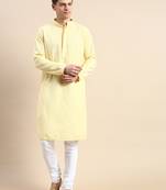 Yellow embroidered cotton kurta-pajama