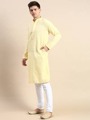 Yellow embroidered cotton kurta-pajama 2
