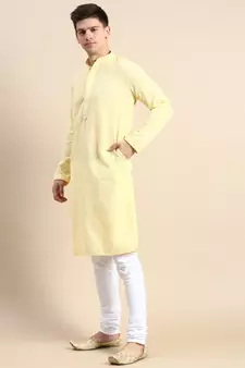 Yellow embroidered cotton kurta-pajama