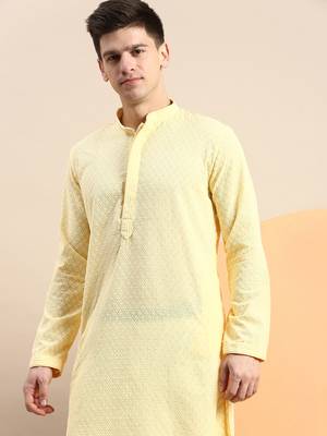 Yellow embroidered cotton kurta-pajama 3