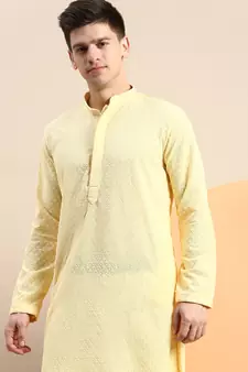 Yellow embroidered cotton kurta-pajama