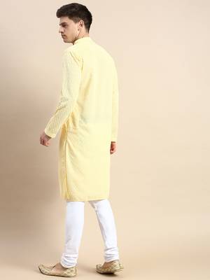 Yellow embroidered cotton kurta-pajama 4