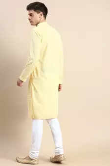 Yellow embroidered cotton kurta-pajama