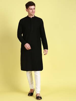 Black embroidered cotton kurta-pajama 1