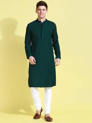 Green embroidered cotton kurta-pajama 1