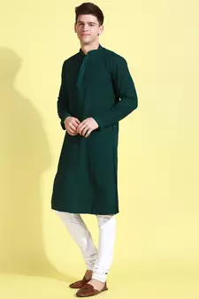Green embroidered cotton kurta-pajama