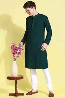 Green embroidered cotton kurta-pajama