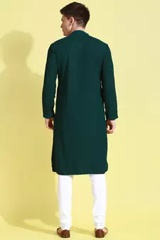 Green embroidered cotton kurta-pajama