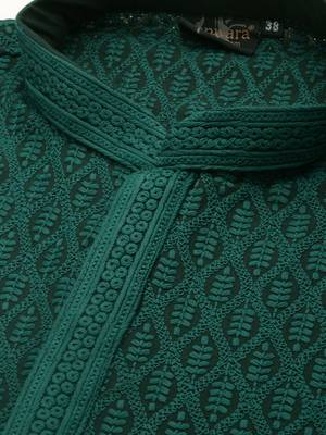 Green embroidered cotton kurta-pajama 5