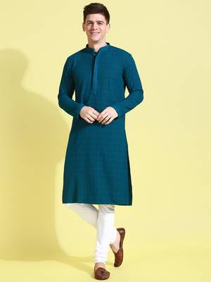 Blue embroidered cotton kurta-pajama 1