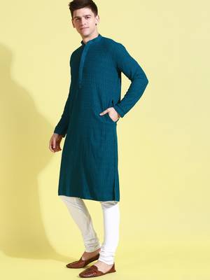 Blue embroidered cotton kurta-pajama 2