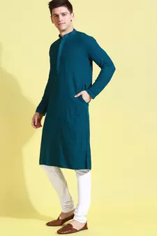 Blue embroidered cotton kurta-pajama