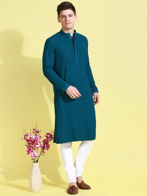 Blue embroidered cotton kurta-pajama 3
