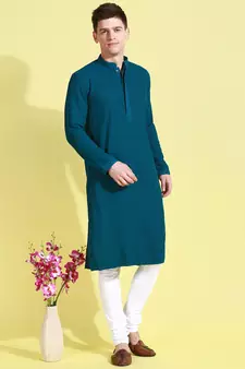Blue embroidered cotton kurta-pajama