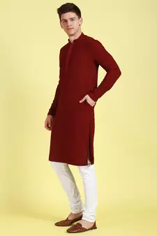 Maroon embroidered cotton kurta-pajama