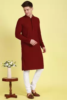 Maroon embroidered cotton kurta-pajama