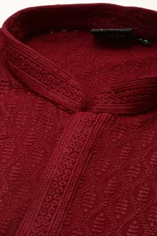 Maroon embroidered cotton kurta-pajama