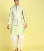 Sanwara Men Light Green Printed Straight Bandi Jacket with Kurta & Cawl Pant