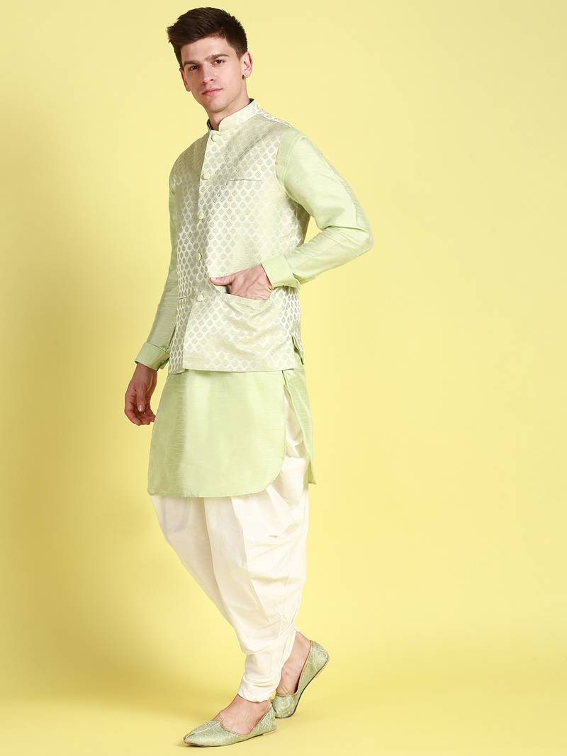 Sanwara Men Light Green Printed Straight Bandi Jacket with Kurta & Cawl Pant