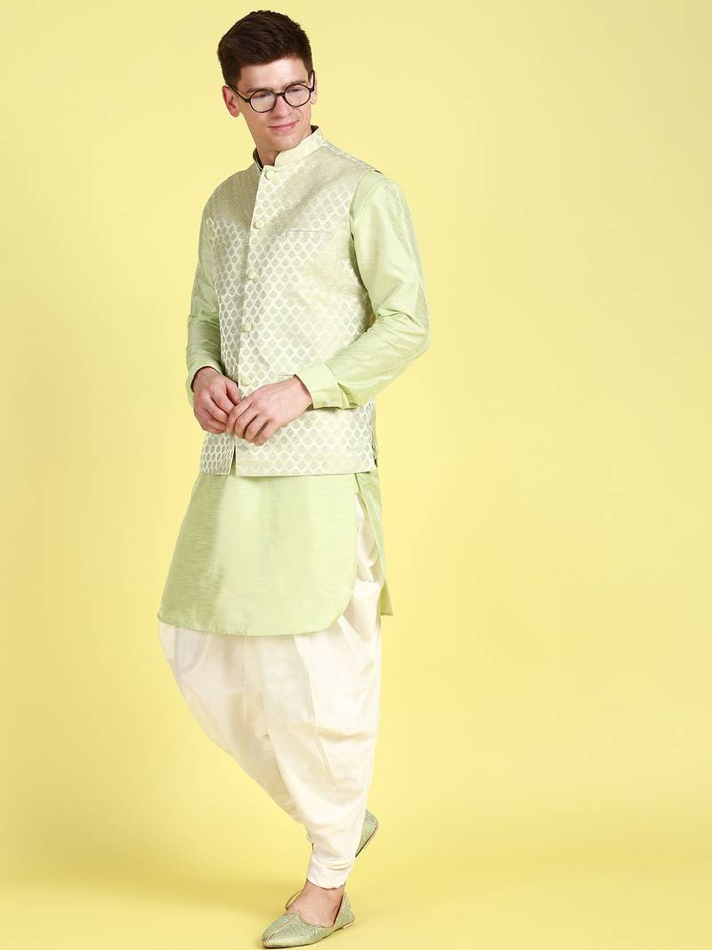 Sanwara Men Light Green Printed Straight Bandi Jacket with Kurta & Cawl Pant