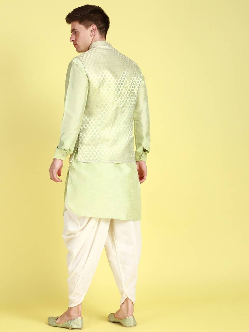 Sanwara Men Light Green Printed Straight Bandi Jacket with Kurta & Cawl Pant