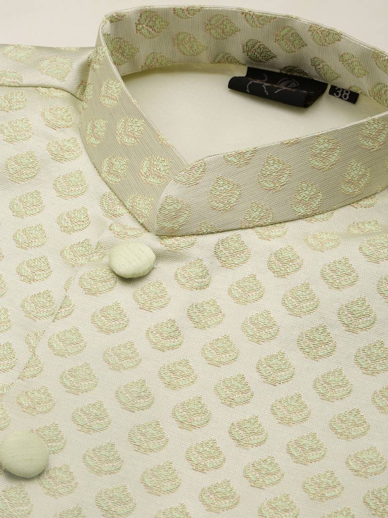 Sanwara Men Light Green Printed Straight Bandi Jacket with Kurta & Cawl Pant