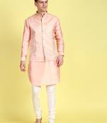 Sanwara Men Peach Coloured Printed Straight Bandi Jacket with Kurta & Payjama