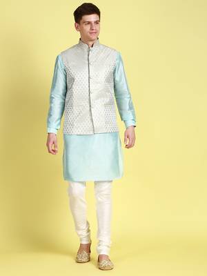 Sanwara Men Sky Blue Coloured Printed Straight Bandi Jacket with Kurta & Payjama 1