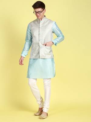 Sanwara Men Sky Blue Coloured Printed Straight Bandi Jacket with Kurta & Payjama 2