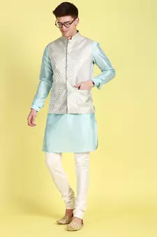 Sanwara Men Sky Blue Coloured Printed Straight Bandi Jacket with Kurta & Payjama