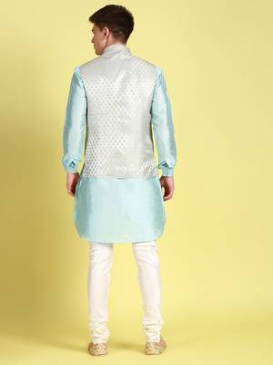 Sanwara Men Sky Blue Coloured Printed Straight Bandi Jacket with Kurta & Payjama 3