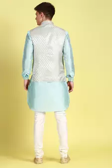 Sanwara Men Sky Blue Coloured Printed Straight Bandi Jacket with Kurta & Payjama
