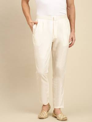 Sanwara Men's Solid Cream Colour Art Silk Payjama Style Pant 1